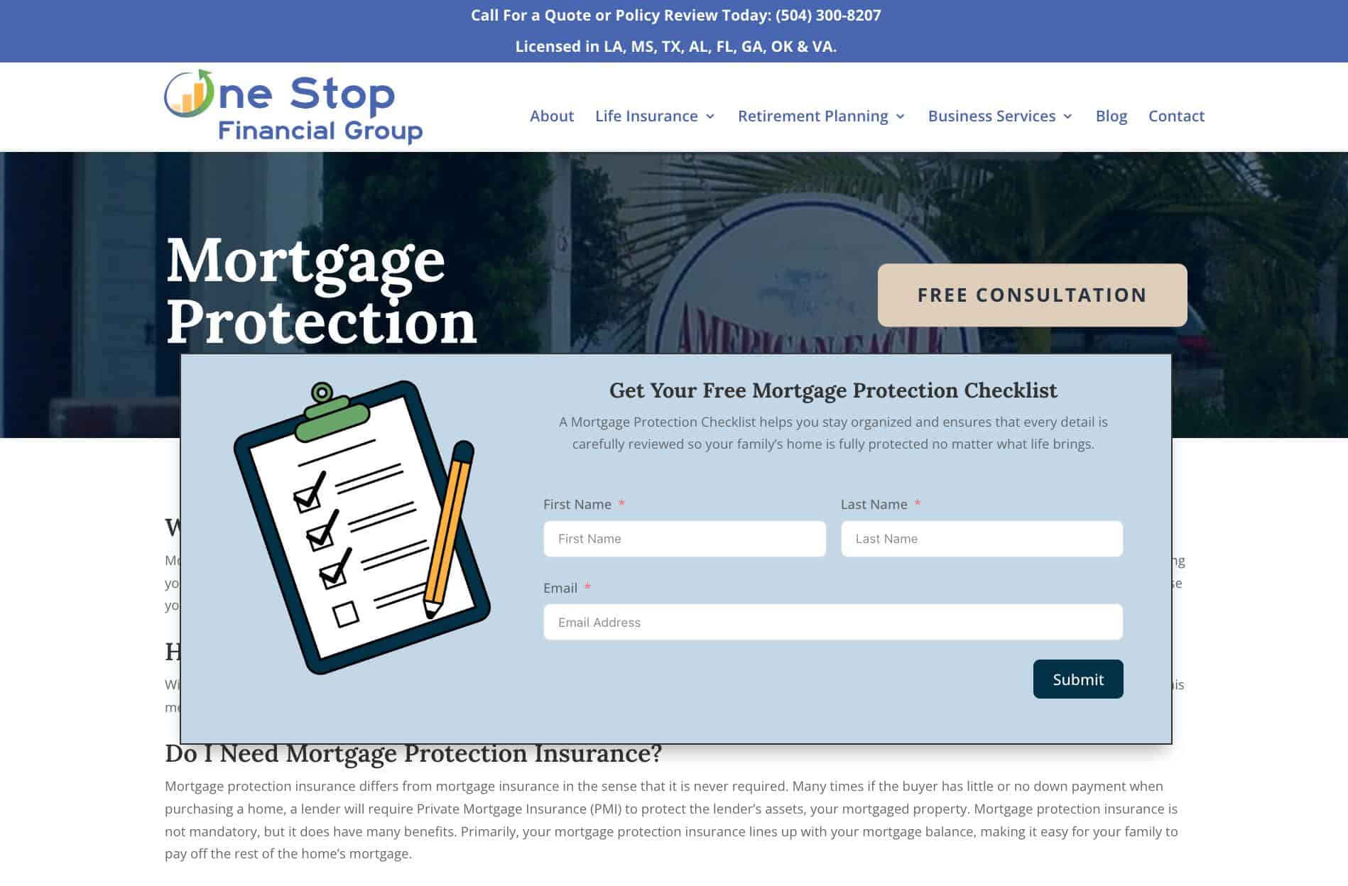 A website page for One Stop Financial Group displays a pop-up form offering a free mortgage protection checklist and consultation, prompting users to enter their name and email.