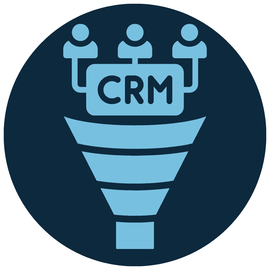 Blue icon showing a funnel with three people above holding a sign labeled "CRM," representing customer relationship management in a circular dark background.