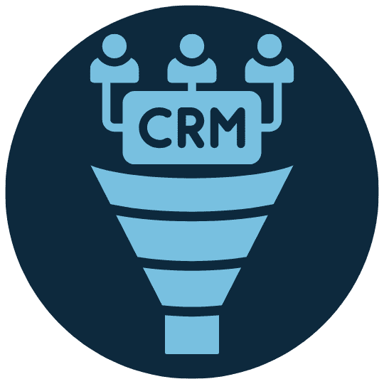 Icon showing three figures above "CRM," all leading into a funnel, symbolizing customer relationship management and sales funnel processes.