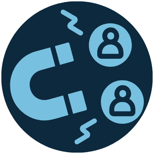 Blue magnet attracting two user icons with waves, symbolizing user or customer acquisition, inside a dark blue circular background.