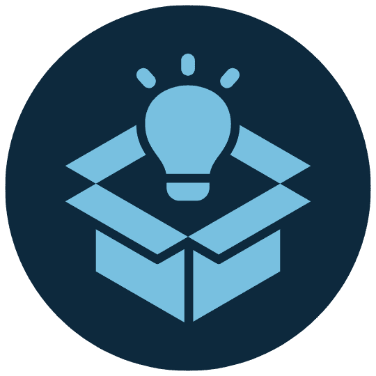 Blue lightbulb above an open box on a dark blue circular background, representing the concept of thinking outside the box or innovation.