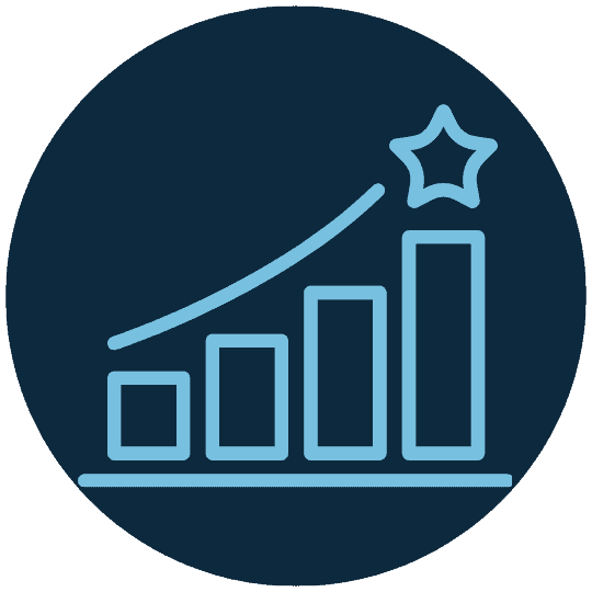 Icon of a bar chart with four ascending bars and a star above the tallest bar, representing growth or achievement, on a dark circular background.