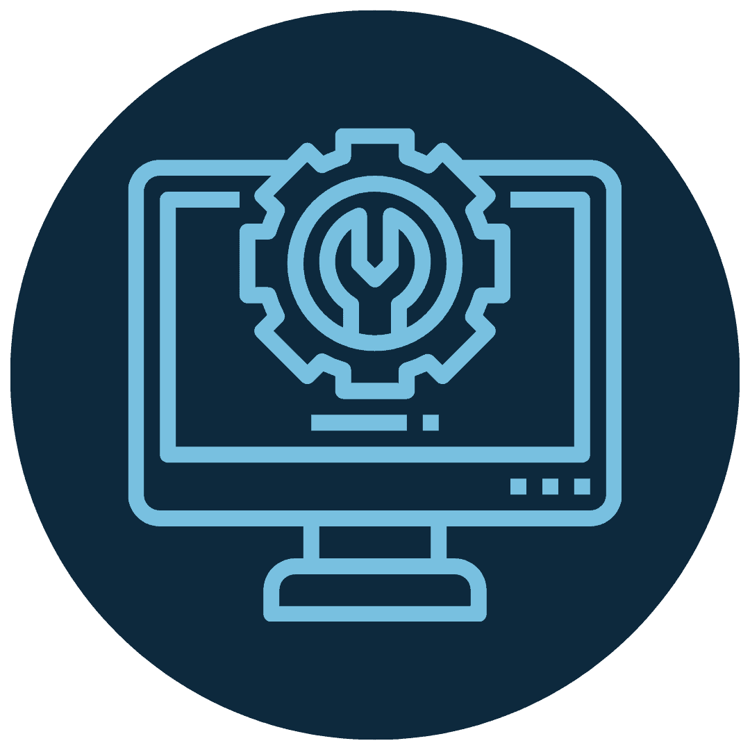 Blue outline of a computer monitor with a gear and wrench symbol on the screen, representing technical support or system maintenance.