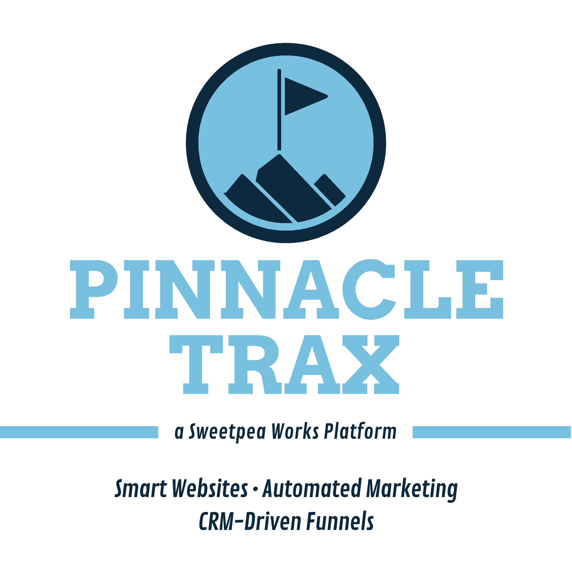 Logo for Pinnacle Trax featuring a mountain icon with a flag, tagline “a Sweetpea Works Platform,” and services listed: Smart Websites, Automated Marketing, CRM-Driven Funnels.