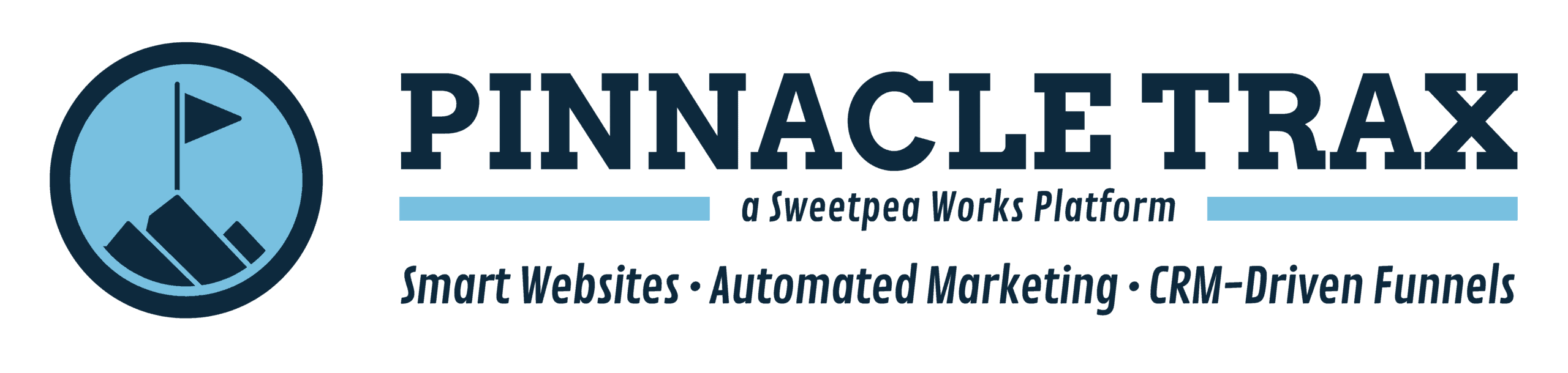 Pinnacle Trax logo with mountain and flag icon. Text reads: “Smart Websites • Automated Marketing • CRM-Driven Funnels. A Sweetpea Works Platform.”.