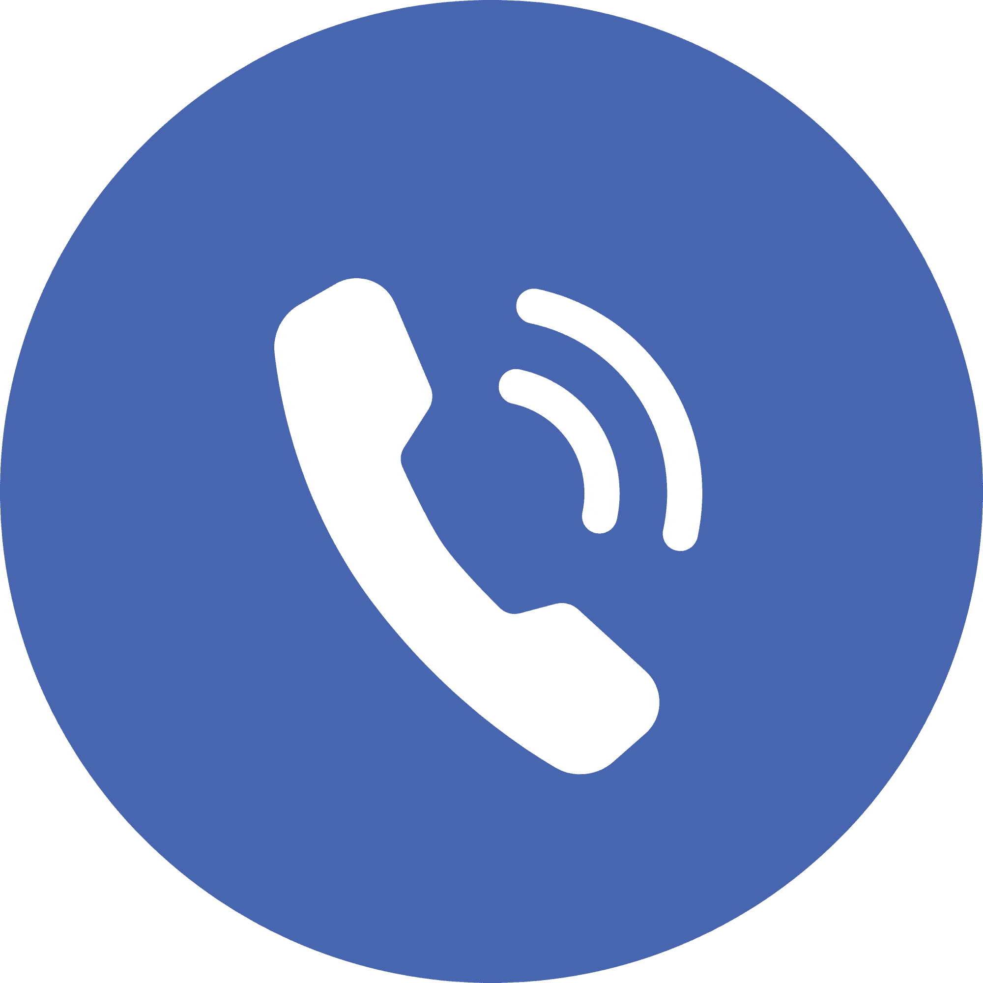 White telephone receiver with sound waves icon on a blue circular background, representing a phone call or contact option.